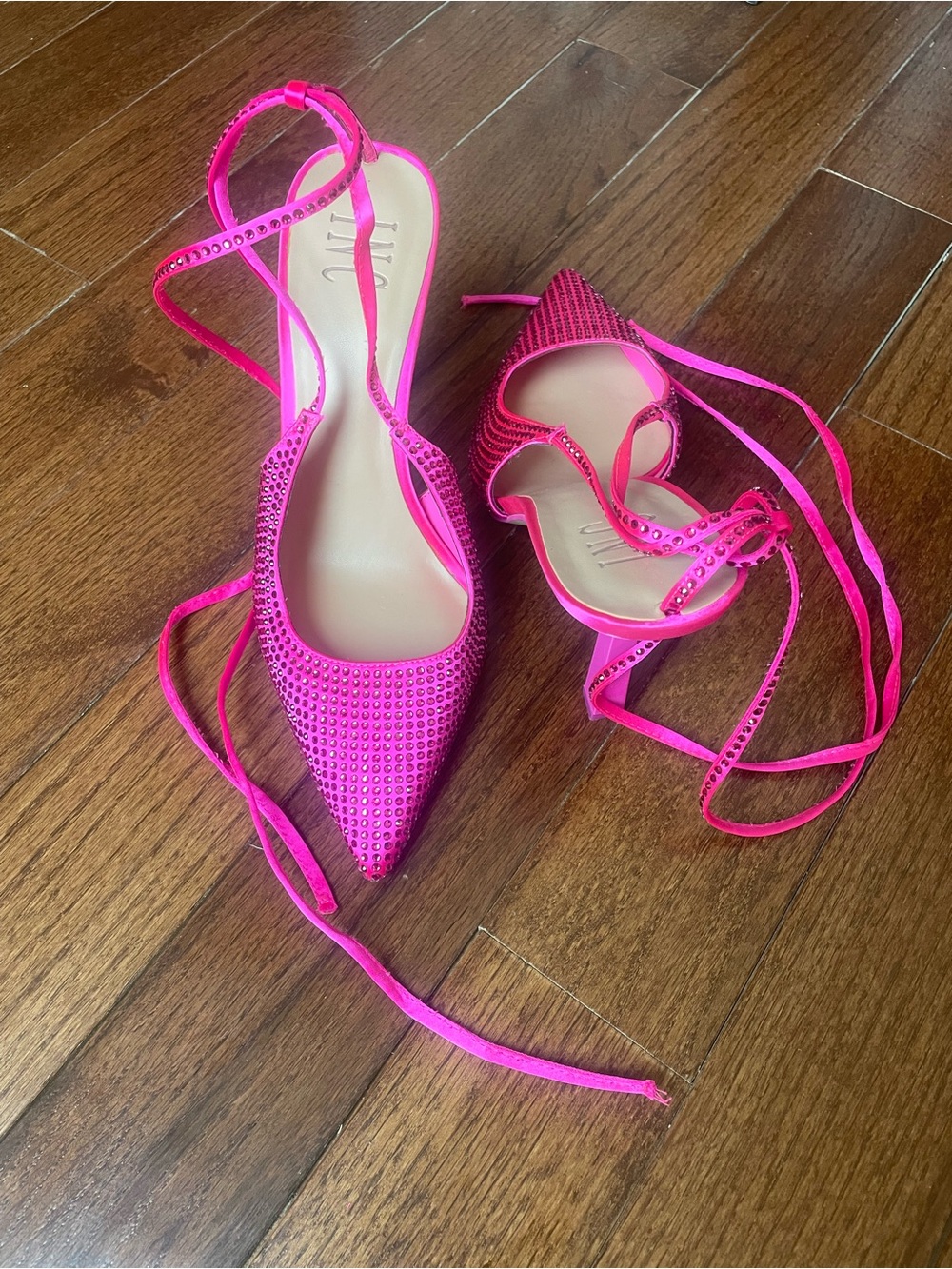 INC International Concepts Hot Pink Rhinestone Lace-Up Pointed Heels - Picture 2 of 5